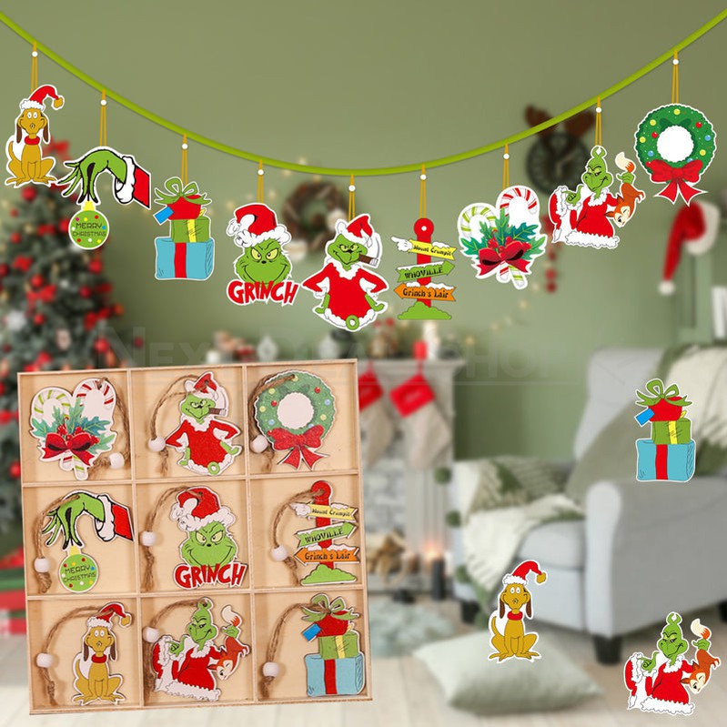 18 Pcs - Christmas Grinch Wooden Hanging Ornament