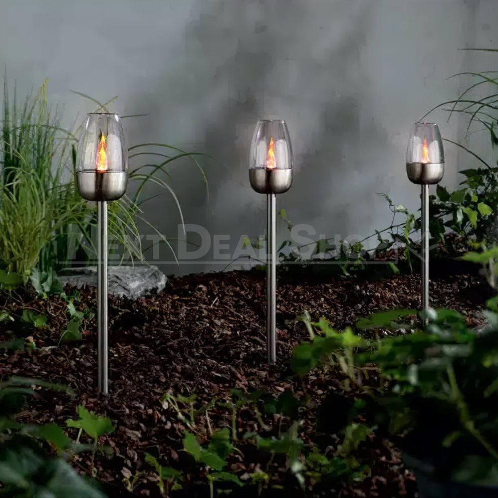 2 Pcs - Solar Powered Stainless Steel LED Candle Stake Light