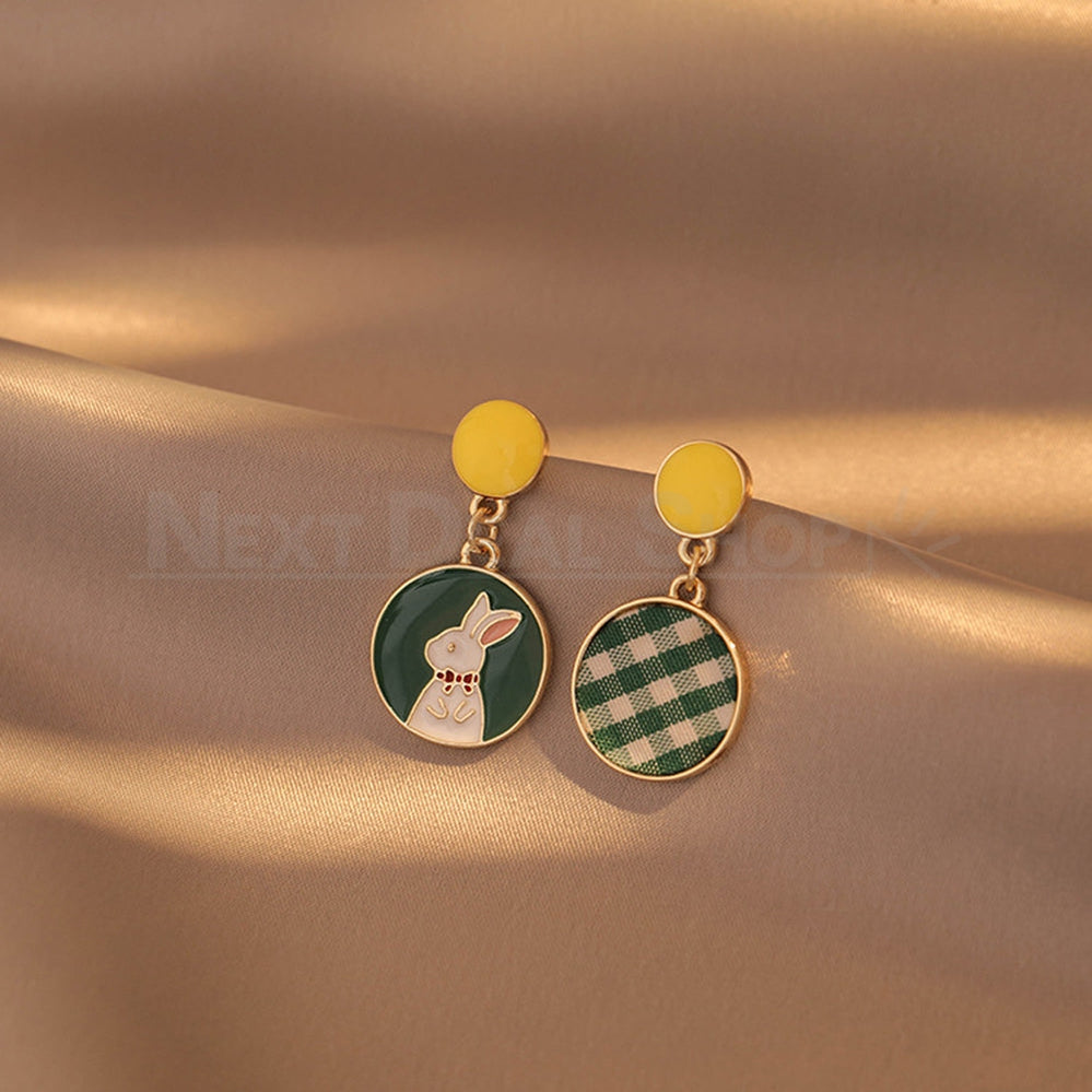 Bunny & Check Pattern Asymmetrical Drop Earrings