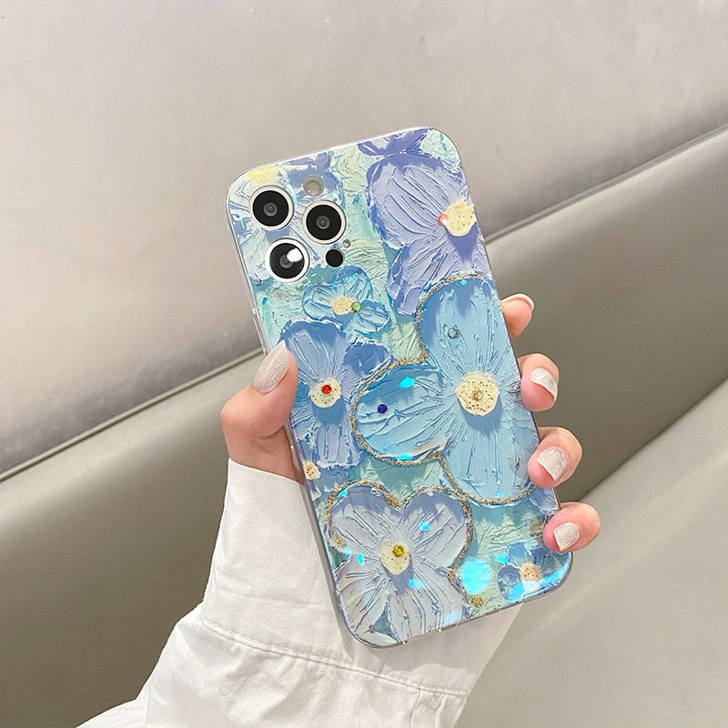 Luxury Fashion Retro Flowers Laser Phone Case For iPhone 14 Pro MAX 13 12 Mini 11 X XS XR 7 8 Plus SE 2020 Soft Shockproof Cover