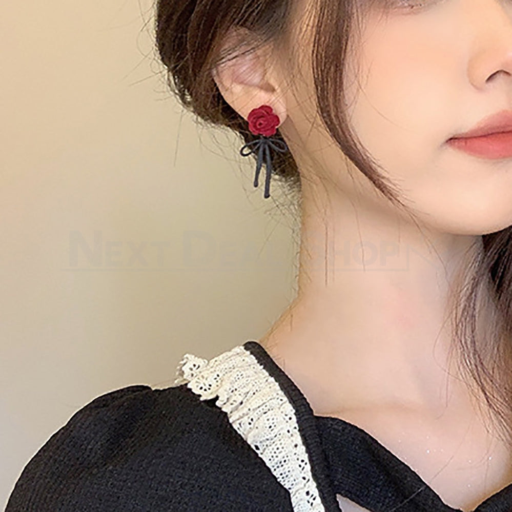 Red Rose and Bow Earrings