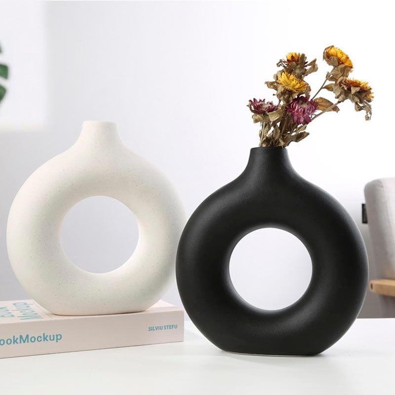 Nordic Ceramic Vase for Pampas Grass Donuts Flower Pot Home Decoration Accessories Office Living Room Interior Table Desk Decor