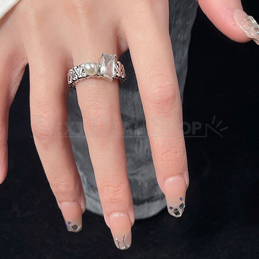 Simulated Pearl & Diamond Open Ring