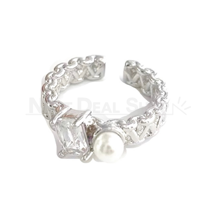 Simulated Pearl & Diamond Open Ring